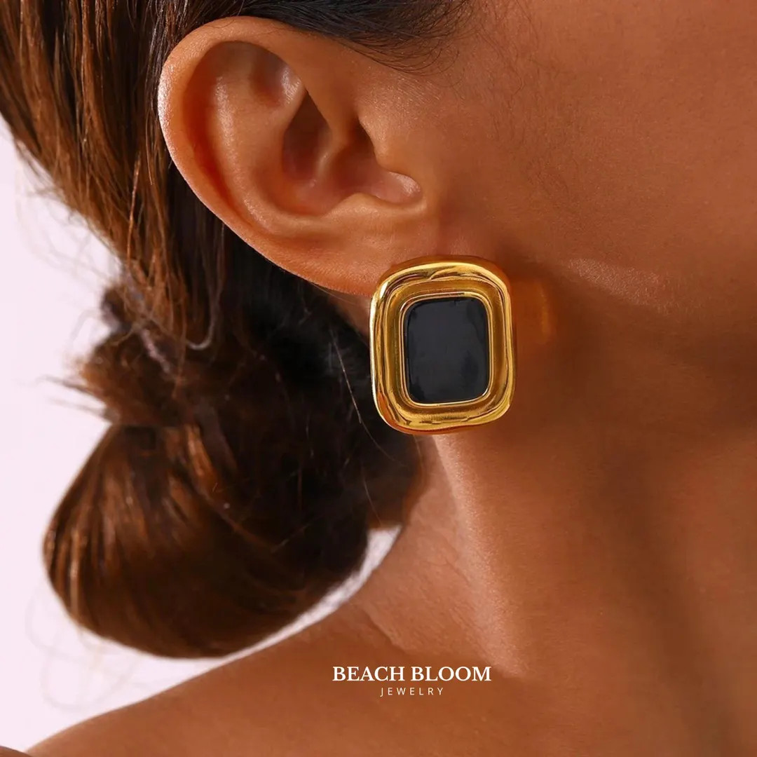 Chunky Rectangle Earrings: 18K Gold Black Resin Studs - Etsy | Etsy (US)