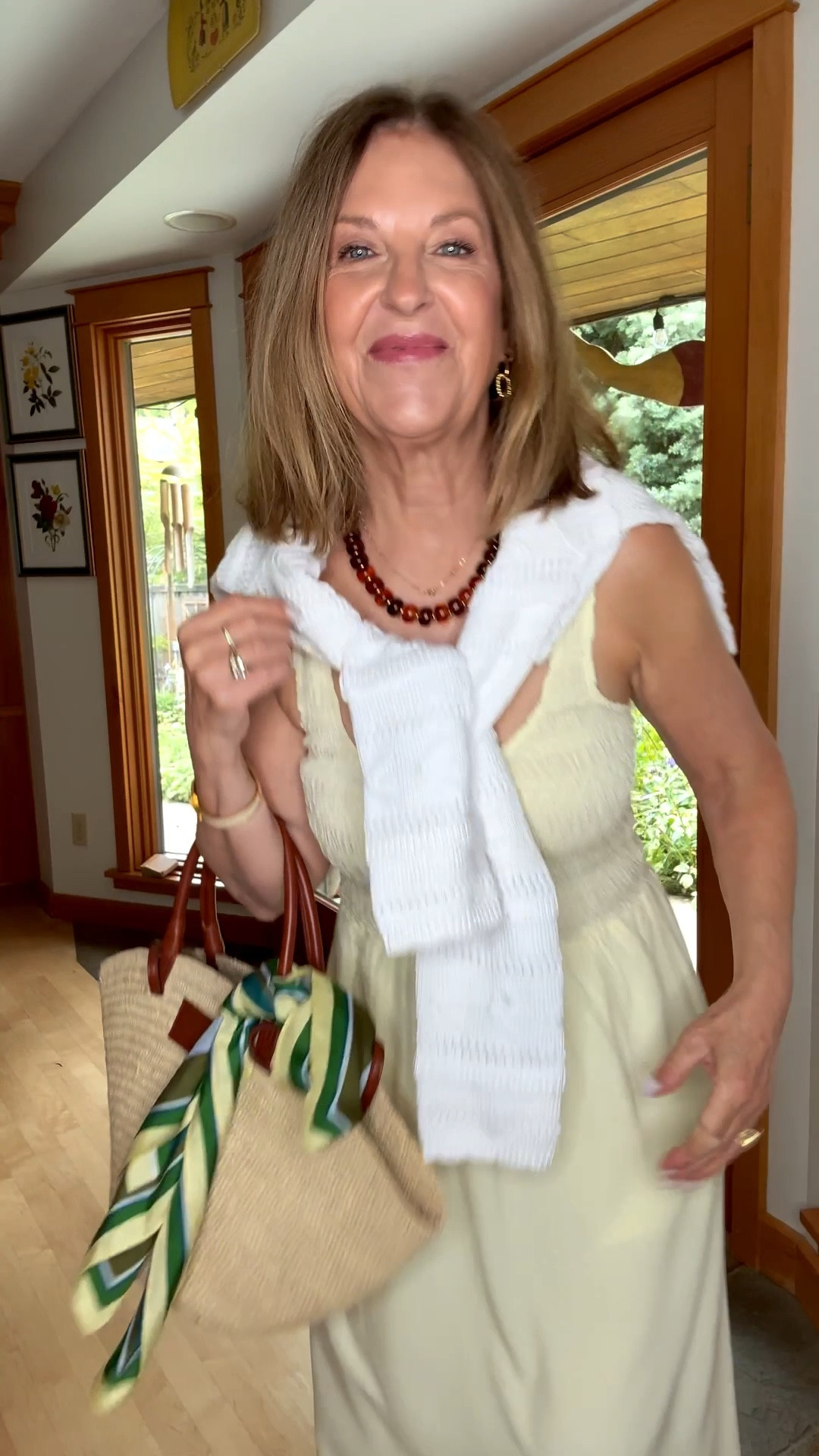 The cutest summer dress and Cardigan.  Both run tts. I'm wearing Suze Xs. 

Love the tafia tote.