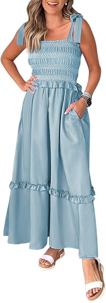 Beiranduo Women's Maxi Dress Summer Sleeveless Square Neck Spaghetti Strap Smocked A-Line Long Dress | Amazon (US)