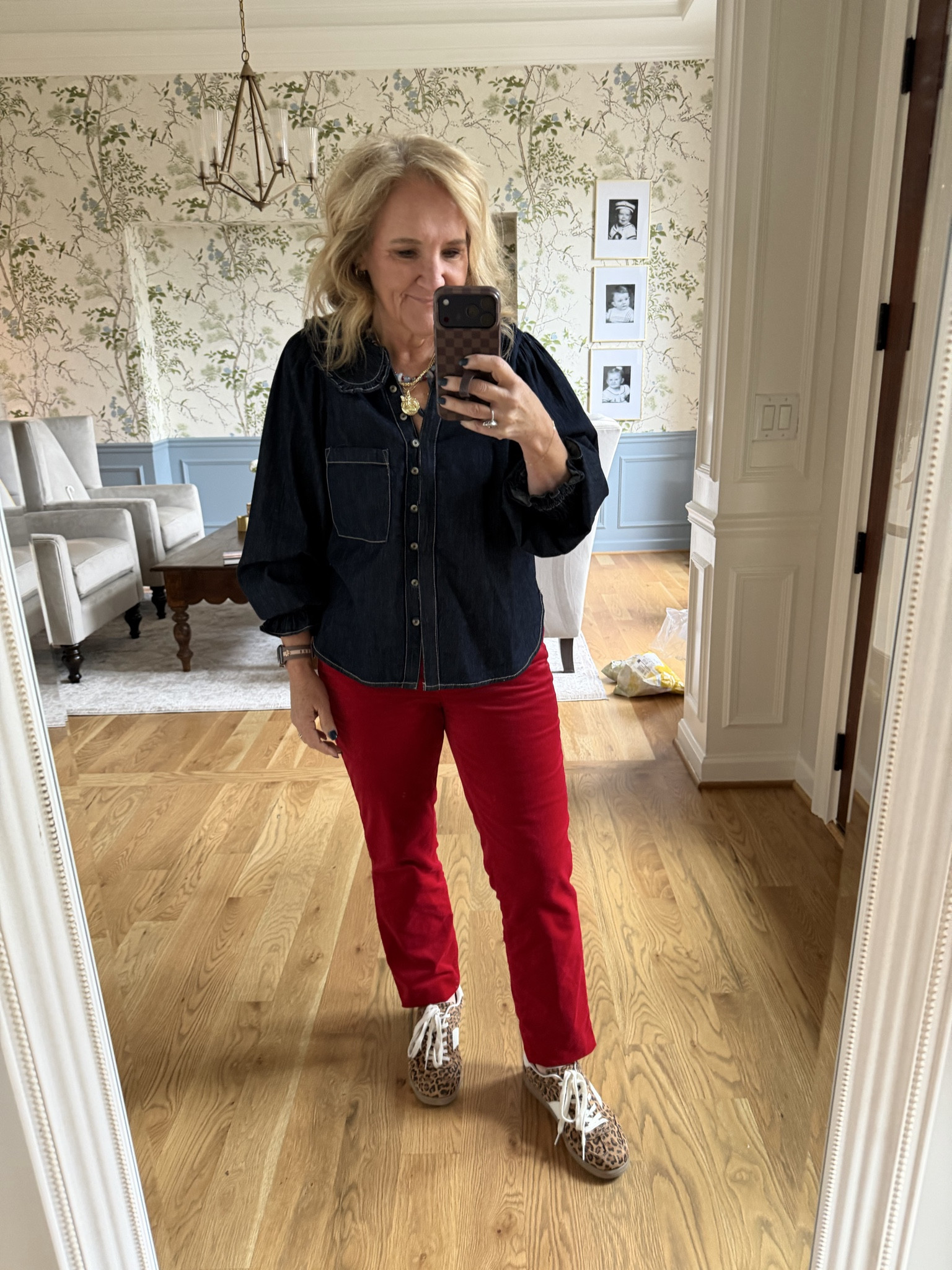 Red velvet pants wearing size 8 petite. And they are full length even in the petite. They are available in other colors also and make for a great winter pant as they are warm.
Denim shirt, size medium
Amazon vest size medium
Leopard sneakers true to size
@coach bag comes with three straps, including the Crossbody, the gold chain and not shown is a shoulder length strap
25% off my jewelry code NANETTE25

#LTKootd #LTKOver40 #LTKPetite