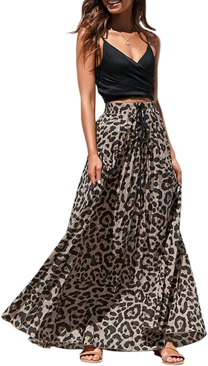 Imysty Womens Leopard Print Long Skirts Drawstring High Waisted Bohemian Maxi Skirt | Amazon (US)