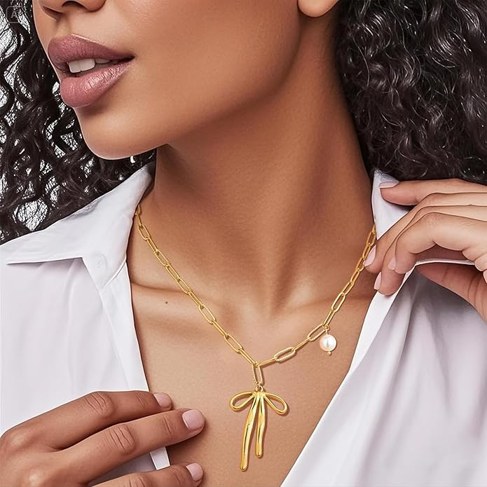 Gold Necklaces Jewelry for Women - 18K Gold Plated Bow Necklace,Stainless Steel Trendy Cute Summe... | Amazon (US)