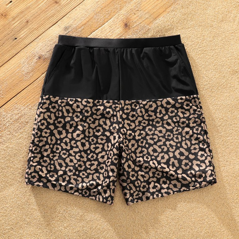 PatPat Family Matching Leopard Splice Black Swim Trunks Shorts and One Shoulder Self Tie Swimsuit... | Walmart (US)