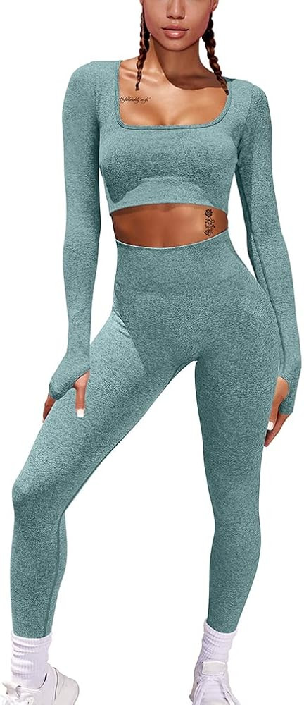 HYZ Women Workout 2 Piece Outfits High Waist Legging Gym Yoga Bodycon Sports Crop Top Sets | Amazon (US)