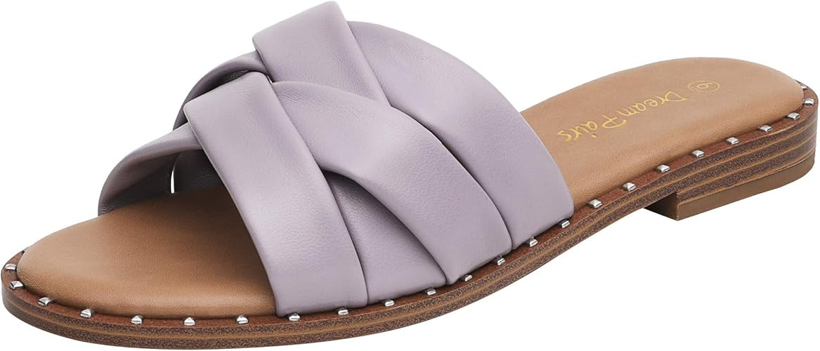 DREAM PAIRS Women' s Cute Slip On Studded Flat Slides Sandals | Amazon (US)