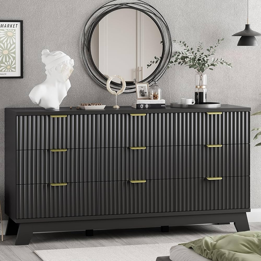 Fluted Dresser for Bedroom with 9 Drawers, 57" Wide Chest of Drawers with Metal Handle, Modern Wo... | Amazon (US)