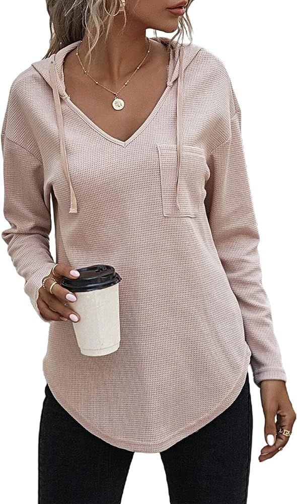 Women's V Neck Hoodies Long Sleeve Sweatshirt Drawstring Pullover Tops with Pocket | Amazon (US)