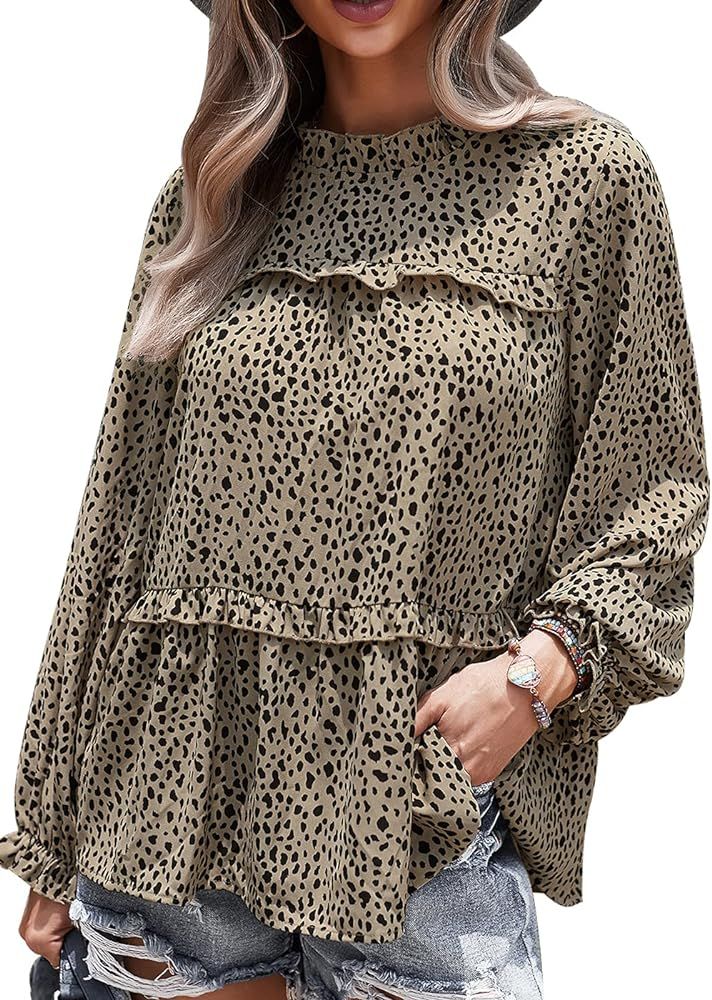 PRETTYGARDEN Women’s Chiffon Leopard Print Lantern Long Sleeve Blouses Ruffle Neck Loose Pullover To | Amazon (US)