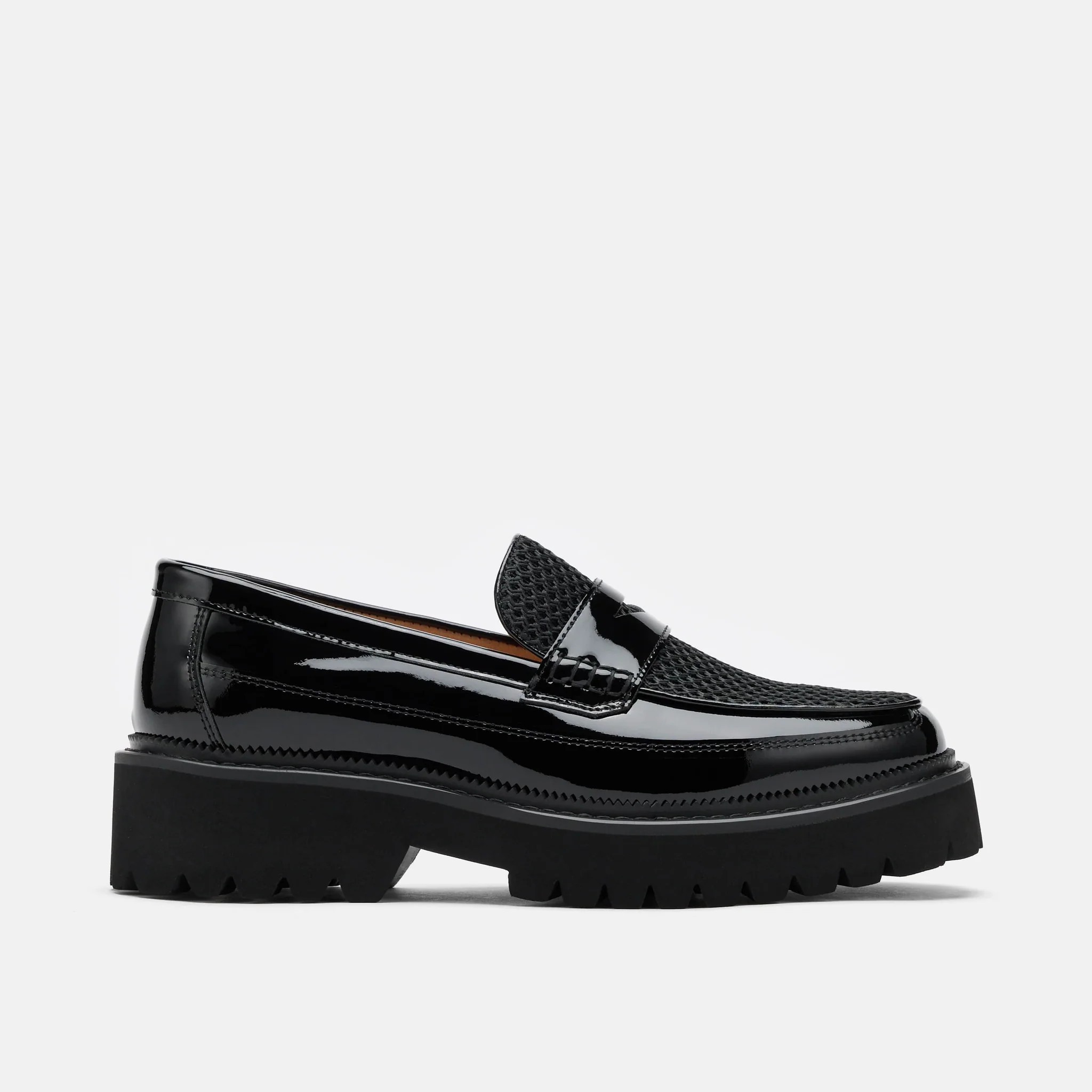 Ms. Adler Black Patent Leather Lug Penny Loafers | Marc Nolan
