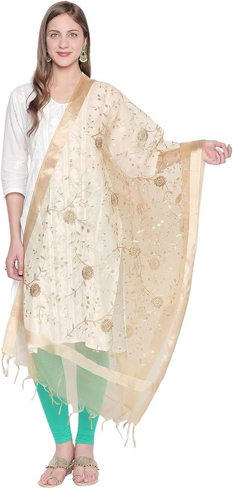 DUPATTA BAZAAR Woman's Gold Embroidered Organza Dupatta | Amazon (US)