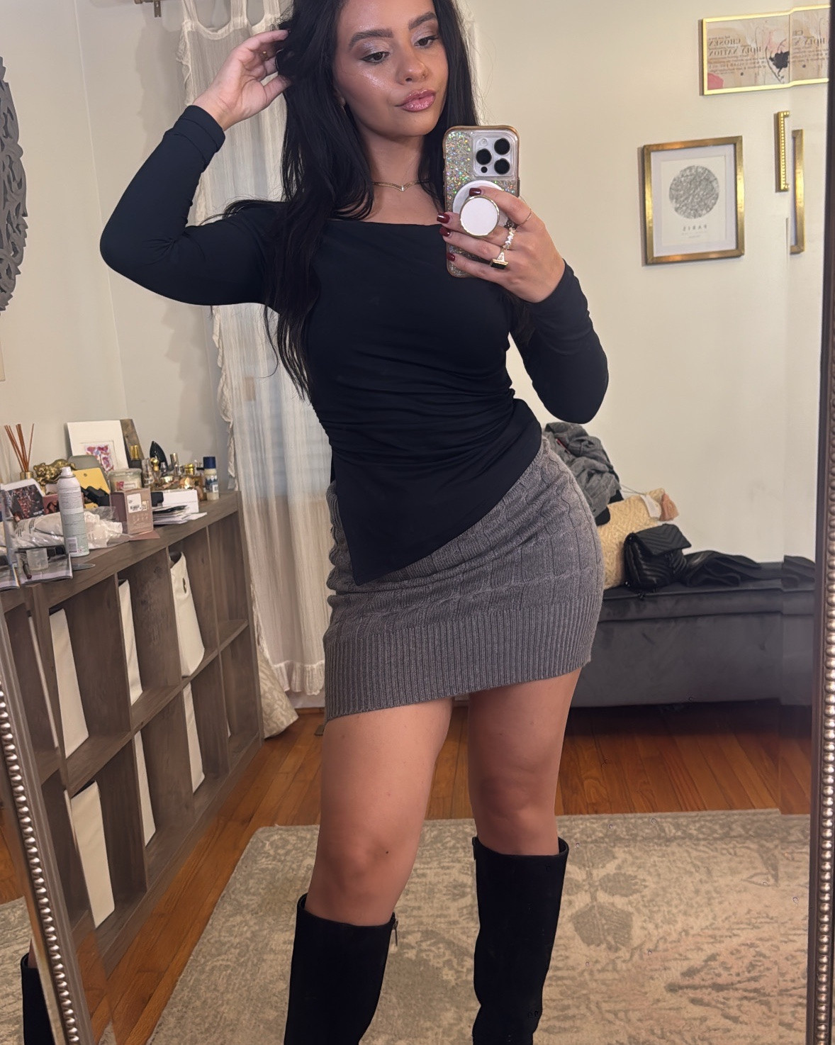 Winter night out sweater set. 🖤🩶XS cardigan, S skirt, TTS boots 