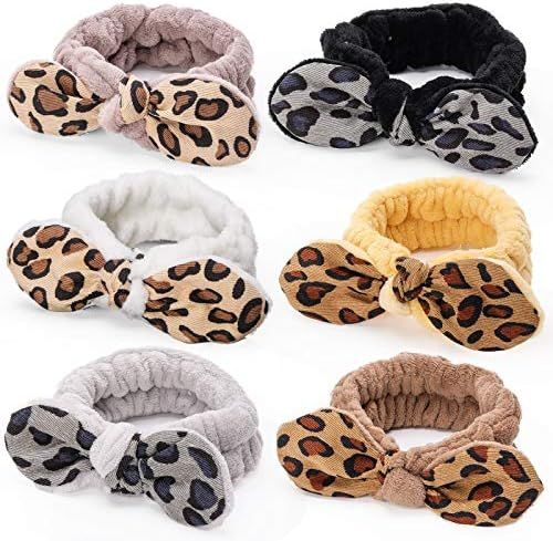 Shindel 6PCS Bowknot Leopard Spa Headbands, Coral Fleece Facial Makeup Headband Leopard for Yoga Spo | Amazon (US)