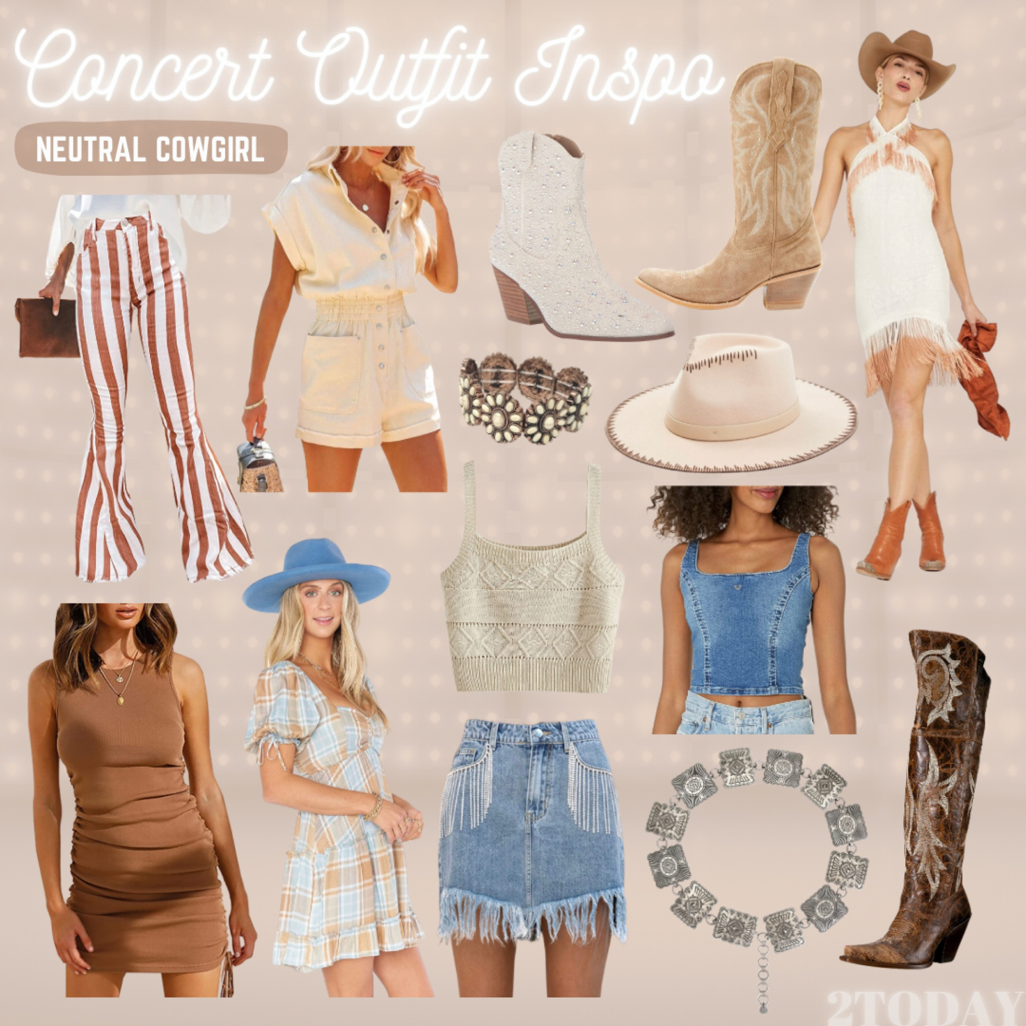 Country Concert Outfit Inspiration and Ideas from Amazon - Neutral Cowgirl (Coastal Cowgirl)

Striped flare denim jeans - fringe - cowboy boots - knee high cowboy boots / concho belt - denim bustier top - beige white rancher hat - beige denim romper - brown adjustable dress - rhinestone fringe skirt / plaid mini dress by Show Me Your MuMu - Shyanne - Idyllwind - Dan Post boots - 2Today 

#LTKtravel #LTKFind #LTKstyletip