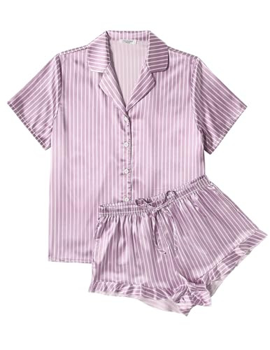 Ekouaer Womens Satin Pajamas Set Button Down 2 Piece Silk Pjs Shorts Set Ruffle Lingerie Notch Co... | Amazon (US)