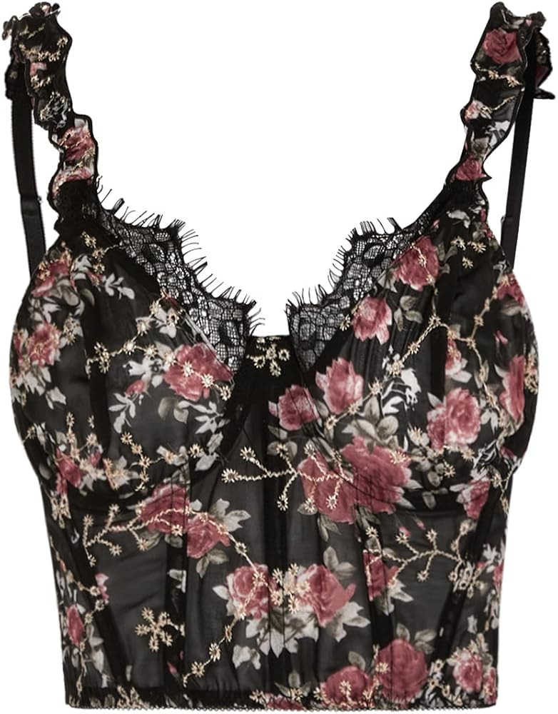 Floerns Women's Floral Embroidery Contrast Lace Trim Bustier Corset Cami Crop Tank Tops | Amazon (US)