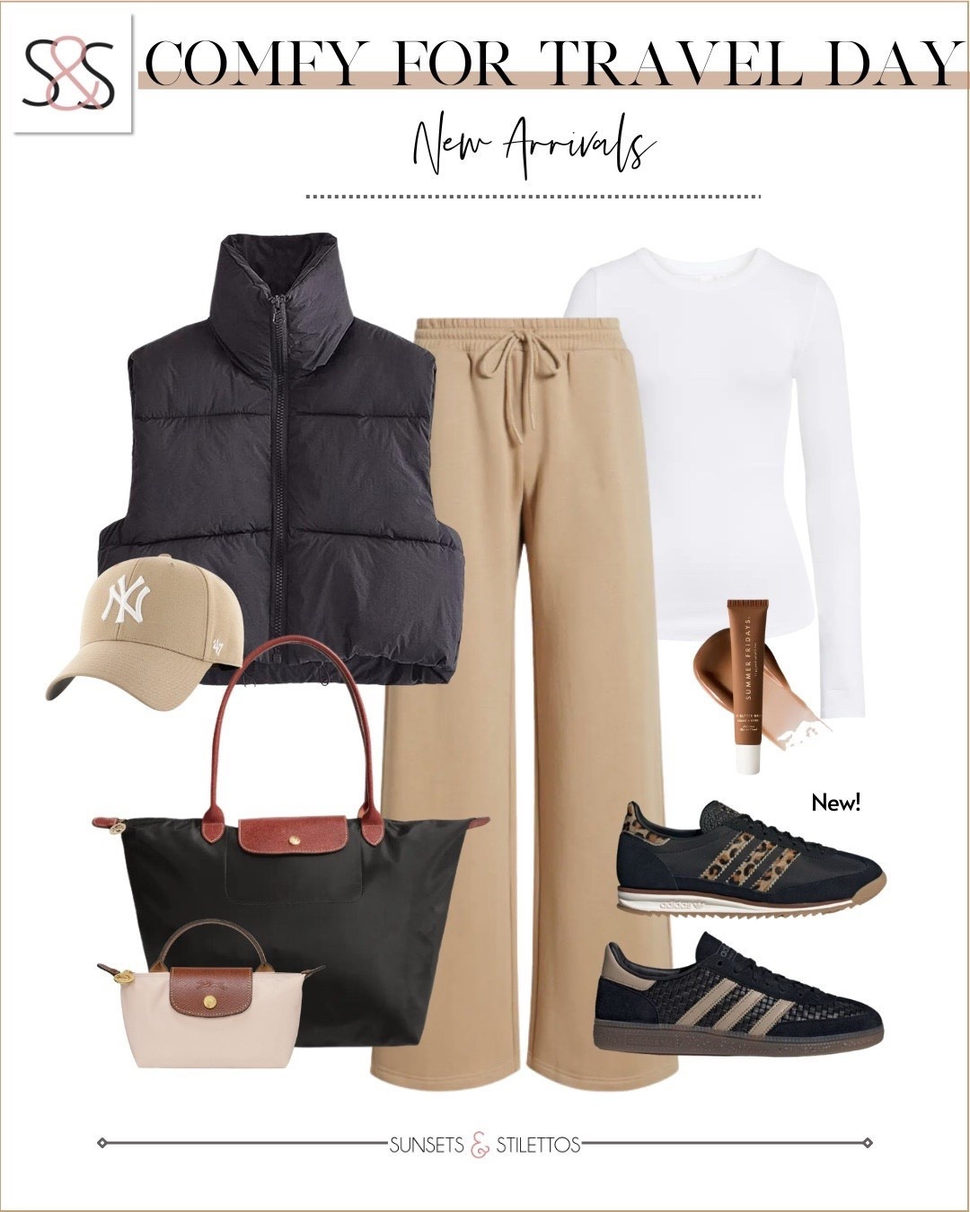 I’m loving this black puffer vest paired with tan wide-leg sweats for a sleek, cozy travel look. It’s the perfect mix of comfort and style for a busy day on the go.

travel outfit, airport style, black puffer vest, wide leg sweatpants, athleisure, comfy style, travel essentials, winter fashion, neutral aesthetic, sneaker style, airport fashion, layering pieces. 

#LTKActive #LTKOver40 #LTKmomlife