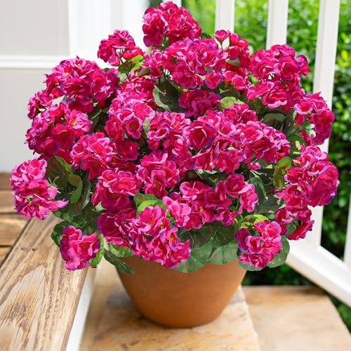 Artificial Geranium Fake Flowers for Outdoors Decoration, 6 Bundles Silk Geraniums Flower UV Resistant Look Real Faux Plants for Outside Planter Front Door Garden Patio Balcony Yard Home, Fuchsia | Amazon (US)