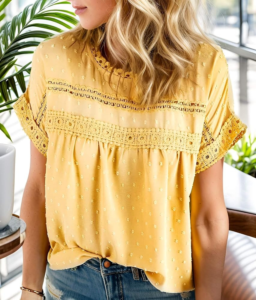 Womens Summer Tops Cute Crewneck Short Sleeve Lace Crochet Babydoll Shirts Women Dressy Casual Bl... | Amazon (US)