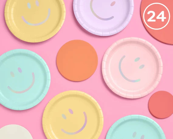 Smiley Paper Plates  24 Pk 9  Happy Pastel Birthday - Etsy | Etsy (US)