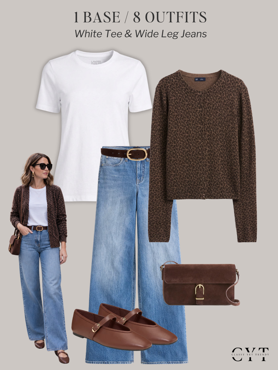 1 Base, 8 Outfits 🎉 8 ways to wear two classic and timeless wardrobe staples: a white tee and wide leg jeans ✔️ Mix and match layers, shoes and accessories to create different looks.  All clothes, shoes and accessories are in the French Minimalist Fall 2026 Capsule Wardrobe, plus a leopard pattern cardigan and a blue button-down shirt. 🍂

how to style, outfit ideas, elevated outfit, wardrobe essentials, cardigan, jacket, blazer, leopard cardigan, ballet flats, trench coat, sweater, pumps, loafers

#trenchcoat #blazerstyle #balletflats #autumnstyle #waystowear  

 