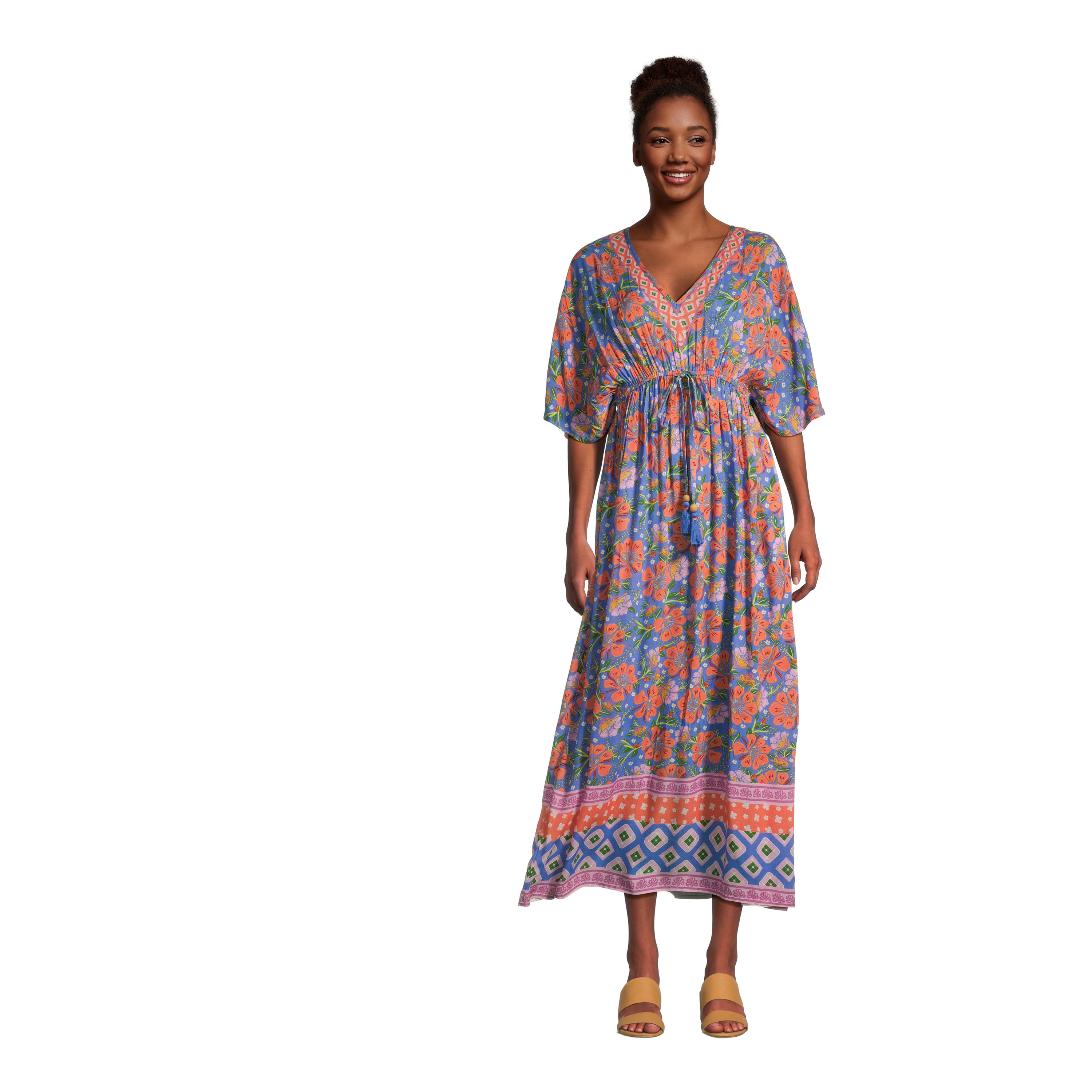 Mira Violet and Coral Floral Geo Kaftan Dress with Pockets | World Market