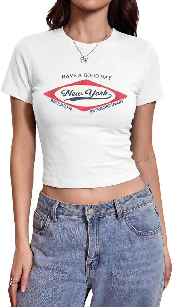 Women's New York Graphic Crop Tops Have A Good Day Printed Y2k Baby Tee Vintage Aesthetic Cropped... | Amazon (US)