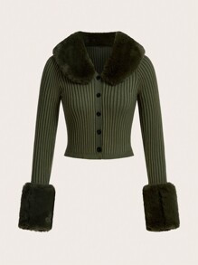 SHEIN Qutie Borg Collar Fuzzy Cuff Cardigan | SHEIN