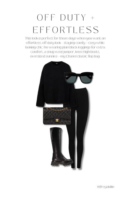 This look is perfect for those days when you want an effortless, off duty look - staying comfy + cosy while looking chic. I’m wearing plain black leggings for extra comfort, a snug wool jumper, knee high boots, oversized sunnies + my Chanel classic flap bag.

#LTKCyberweek 

#LTKstyletip #LTKSeasonal