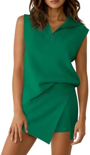 Fisoew Womens 2 Piece Skirt Sets Summer Sleeveless Half Zip Sweatshirt Athletic Skorts Tennis Out... | Amazon (US)