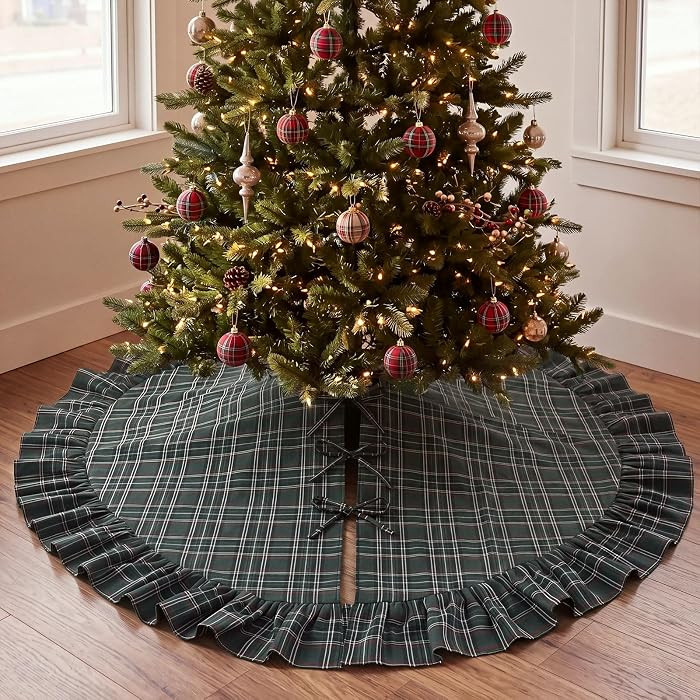 48 Inch Plaid Christmas Tree Skirt with Ruffle, Green | Amazon (US)