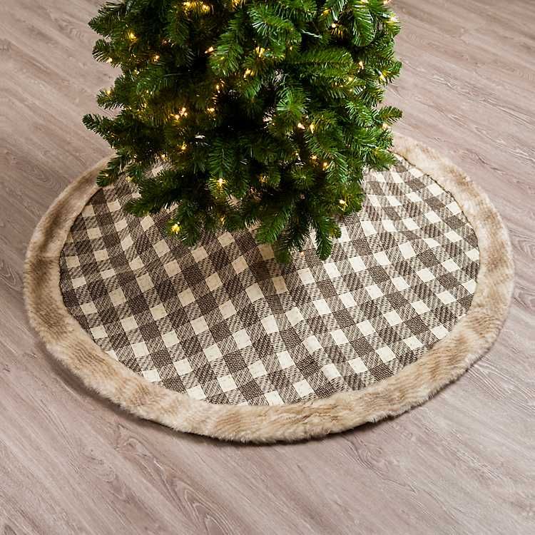 Brown Plaid Faux Fur Trim Christmas Tree Skirt | Kirkland's Home