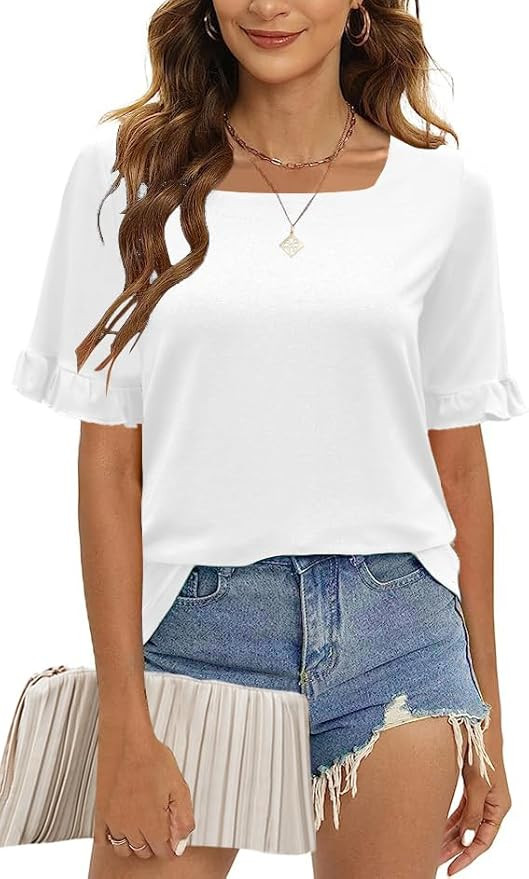 RENMINGBI 2023 Womens Summer Tops Square Neck Ruffle Short Sleeve Shirts Loose Casual Blouse S-2X... | Amazon (US)