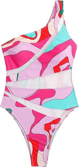 WDIRARA Women's Colorblock Cut Out One Piece Swimsuit Mesh One Shoulder Bathing Suit | Amazon (US)