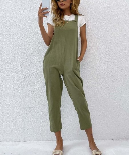 Army Green Pocket Sleeveless Overalls - Women | Zulily