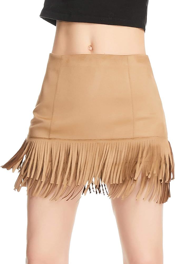 Relish Noless Women Fringe Skirt High Waist Cute Tassel Short Skirt Bodycon Faux Suede Mini Swing Sk | Amazon (US)