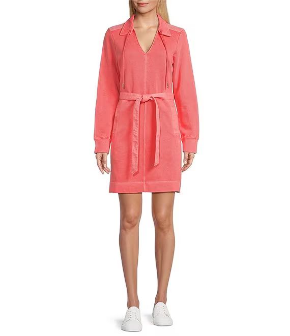 Sunray Cove Twill French Terry Collared V-Neck Long Sleeve Pocketed Belted Shirt Dress | Dillard's