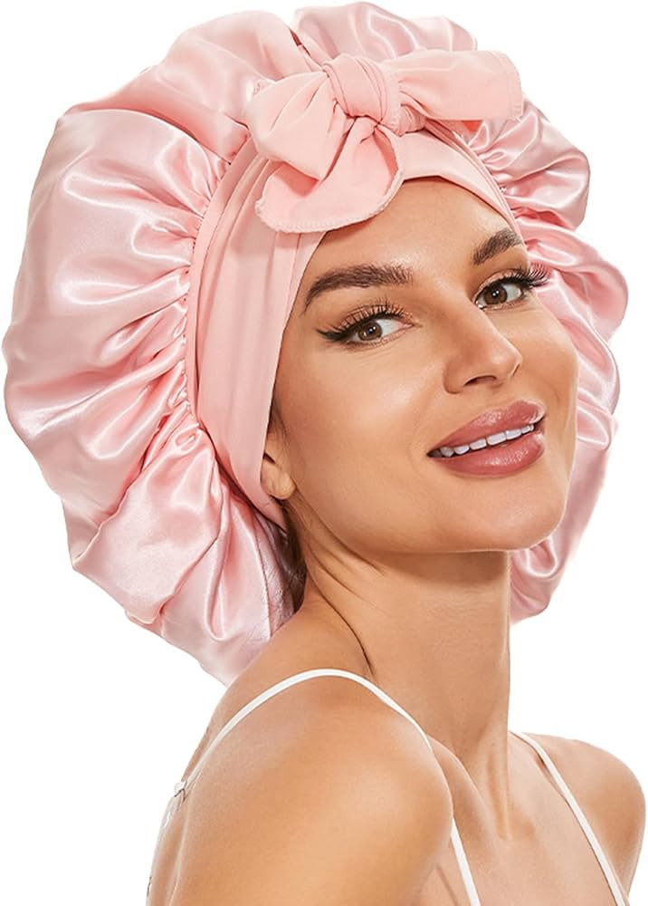 Large Silk Bonnet for Sleeping, Satin Hair Bonnet for Sleeping with Tie Band, Double Layer Satin ... | Amazon (US)