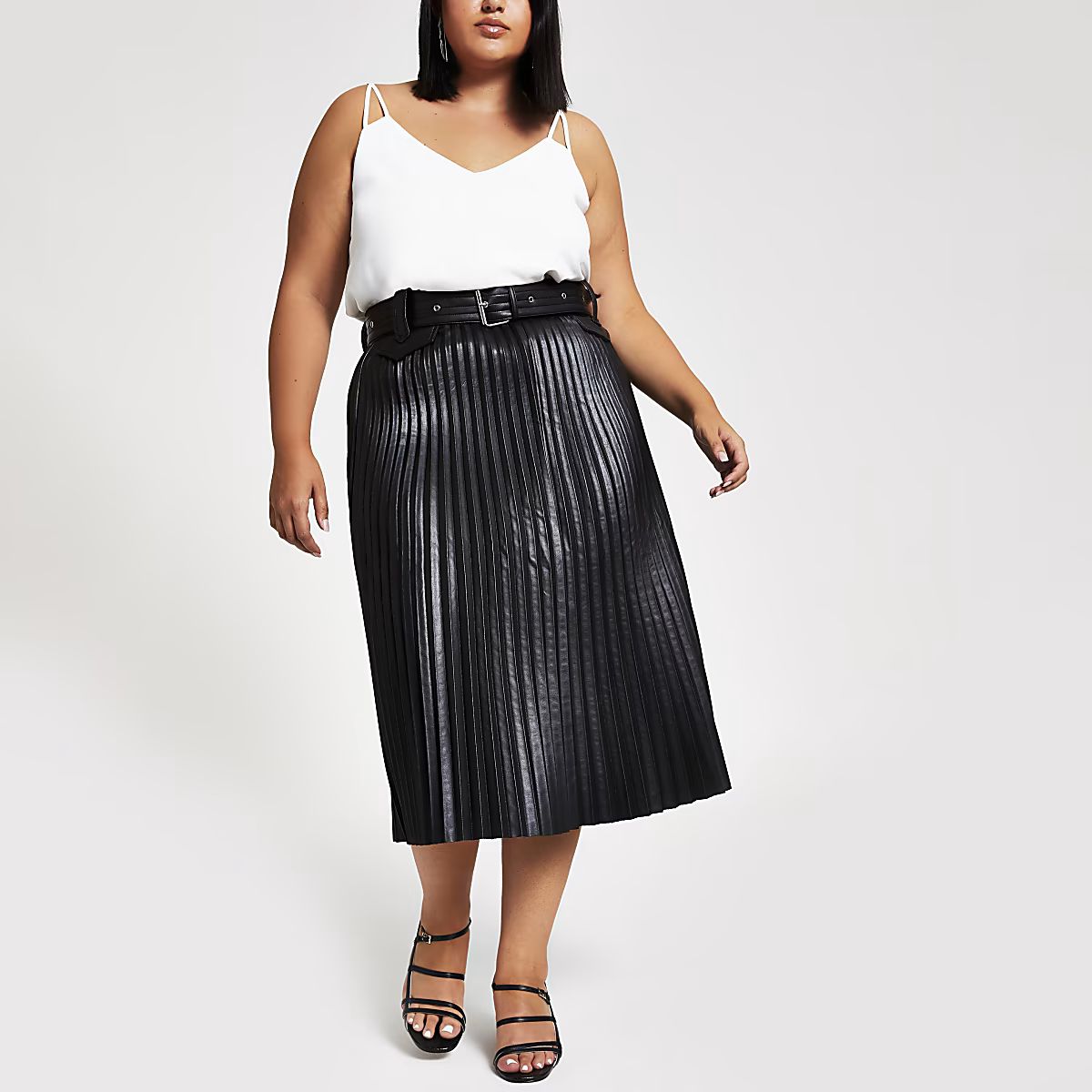 Plus black faux leather pleated midi skirt | River Island (US)