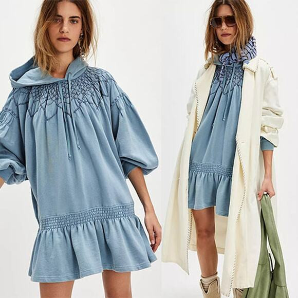 NWT Free People Marty Smocked Hooded Puff Sleeve Mini Dress Mountain Spring | Poshmark