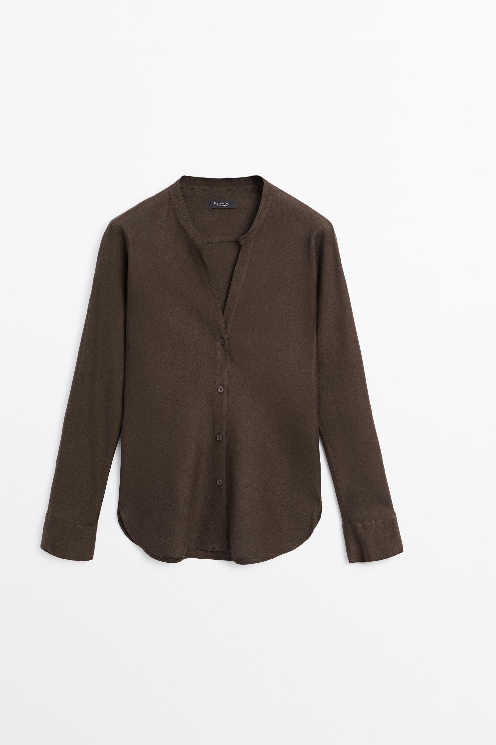 100% linen stand collar shirt | Massimo Dutti UK