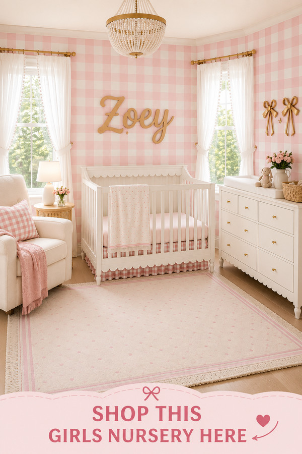 Create the nursery of your dreams with this dreamy baby girl nursery featuring pink gingham wallpaper, a beautiful white