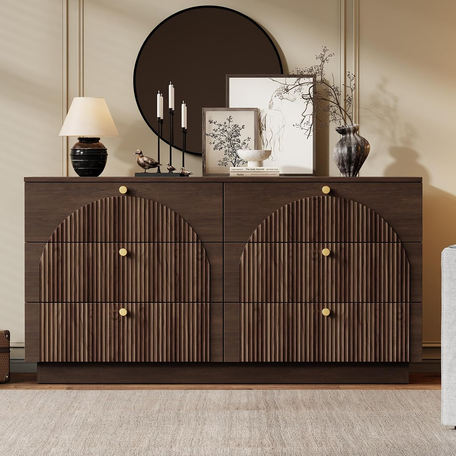 Herihome Arched Fluted Dresser for Bedroom with 6 Drawers 55" Wide Walnut | Amazon (US)