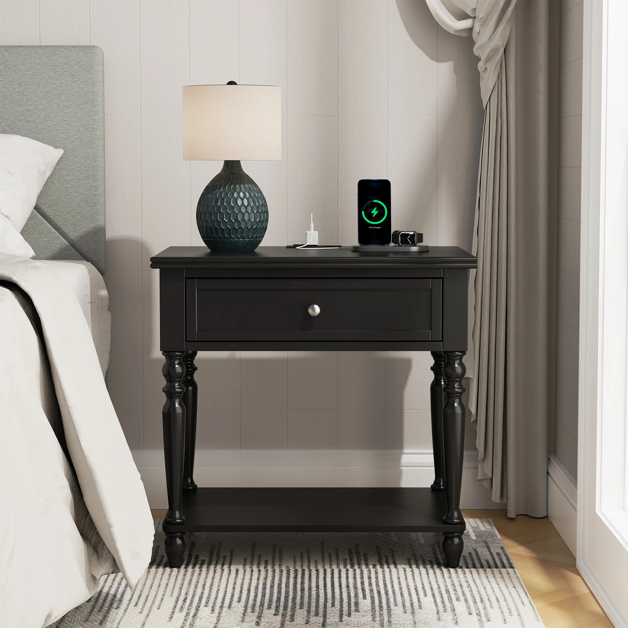 Solid Wood Nightstand With Drawer, Open Shelf, 2 Power Outlets, 1 USB Port, and 1 Type-C Port | Wayfair North America
