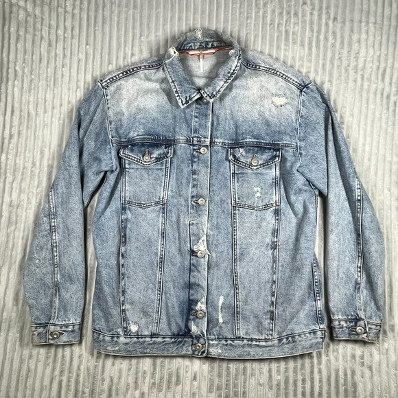 Free People Ramona Denim Trucker Jacket Women's M Distressed Oversized *Flaws | Poshmark