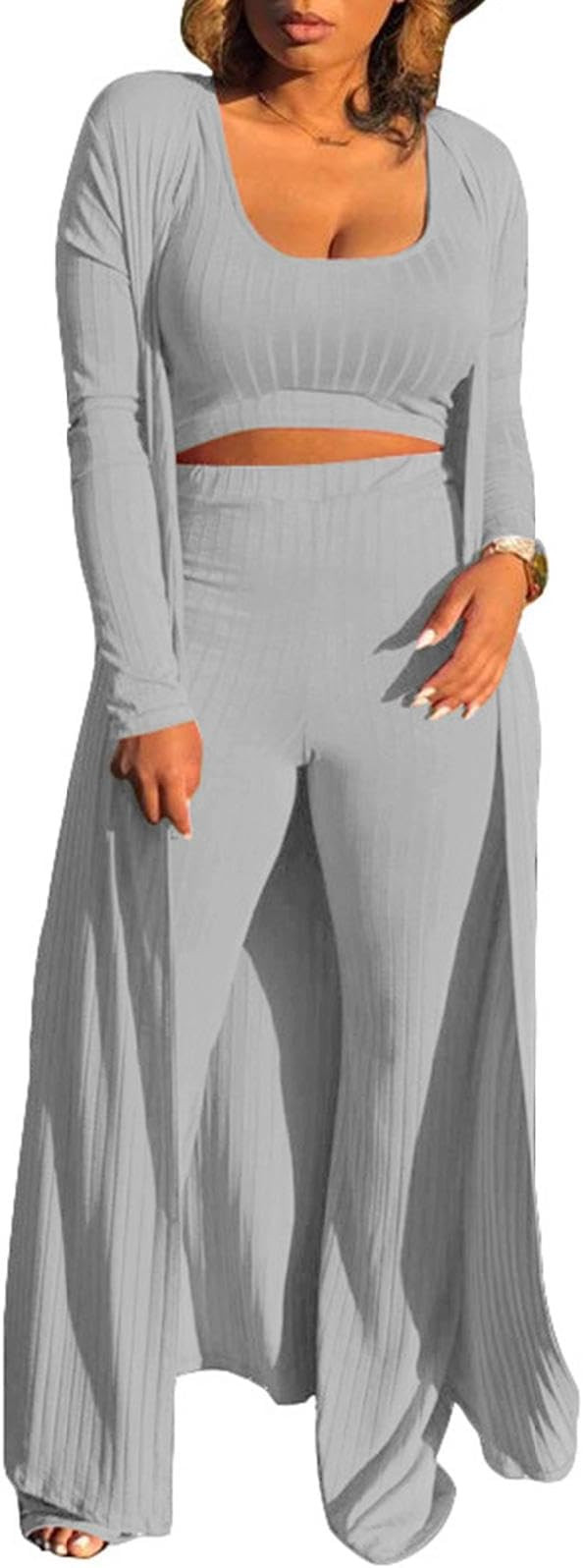 bbpawing Womens 3 Piece Outfits Open Front Cardigan Cover Up Crop Tank Tops Wide Leg Palazzo Pants L | Amazon (US)