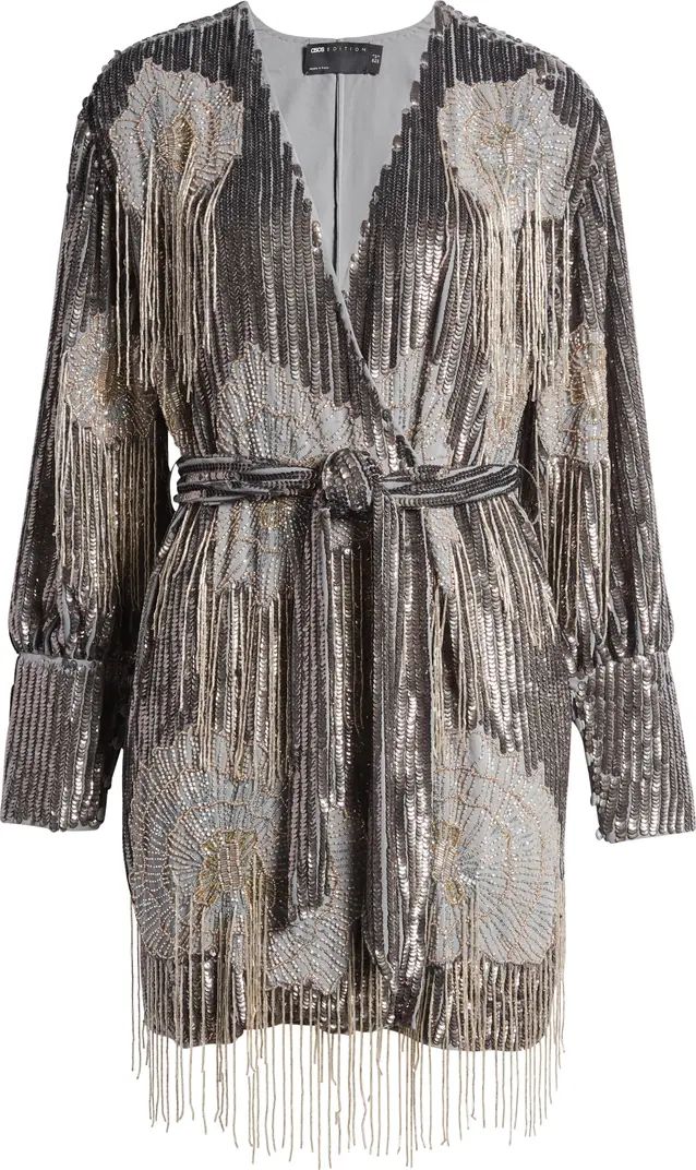 EDITION Beaded Fringe Long Sleeve Faux Wrap Cocktail Dress | Nordstrom