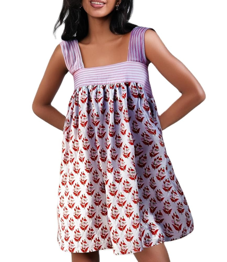 Women Floral Tie Shoulder Mini Dress Cute Square Neck Loose Fit Beach Short Dress Backless Boho V... | Amazon (US)