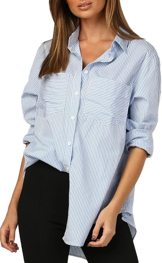 CHYRII Womens Casual Button Down V Neck Shirts Long Sleeve Blouse Tops with Pockets | Amazon (US)