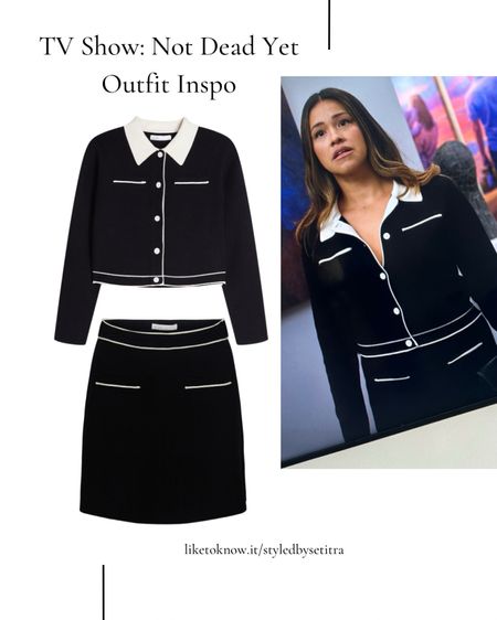 Outfit Inspo from the TV show “Not Dead Yet”. I thought this looked really good on Gina Rodriguez. She’s so pretty and black & white compliments her very well. Shop the look here! Celebrity style, Knit Mini Skirt from Oak + Fort. This knit mini skirt is made in a relaxed fit with a subtle A-line silhouette. It has Parisian inspired details with contrast trimmed hems and welt pocket designs. Wear yours as a set with Cropped Knit Blouse.

DETAILS 
Fitted silhouette. Mini length. Welt detail contrast trims. 

#LTKstyletip #LTKfindsunder100
