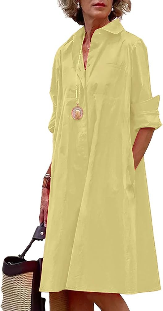chouyatou Women's Spring Summer Button-Down Shirt Dress Loose A-Line Midi Shift Tunic Dress | Amazon (US)